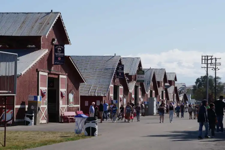 a picture of the buildings for animals at the state fair